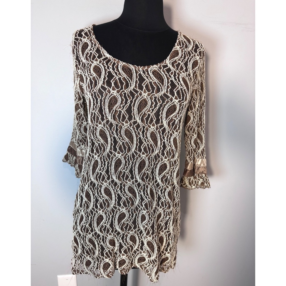 Adorn VINTAGE Brown White Paisley Lace‎ Bell Sleeve Mini Dress Size S